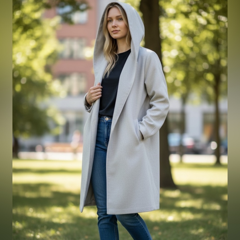 Light Gray Hooded Long Coat - Minimal Chic